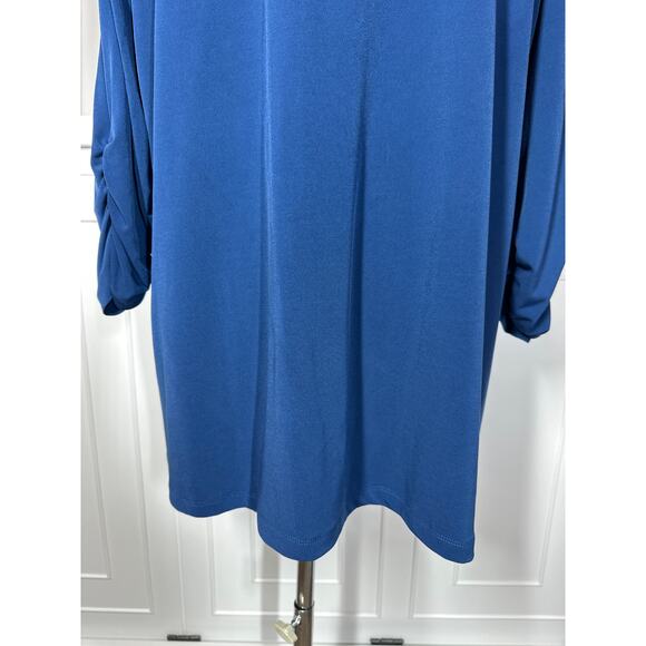 Susan Graver Liquid Knit V-Neck Tunic Top 3/4 Ruched Sleeves Blue Sz XL Stretch - Picture 10 of 10